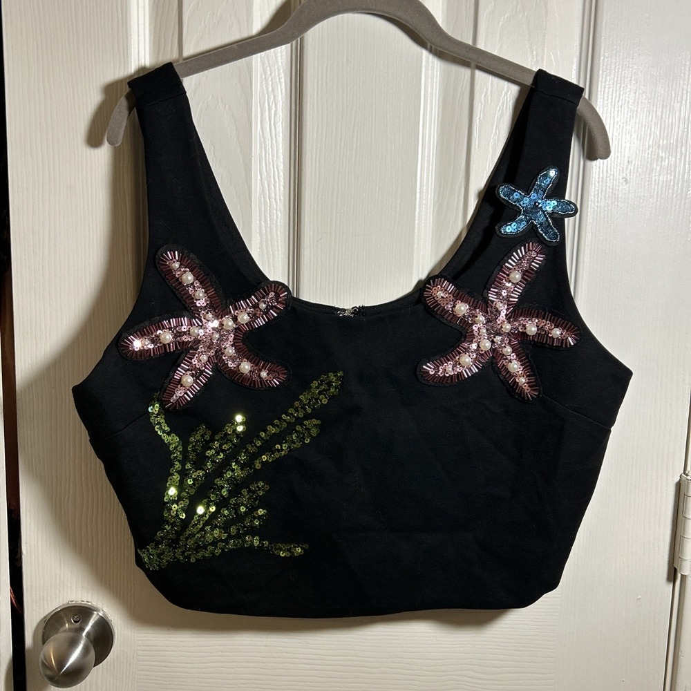 Forever 21 Sequin Starfish Black Top Shirt Size 1X Zip Back